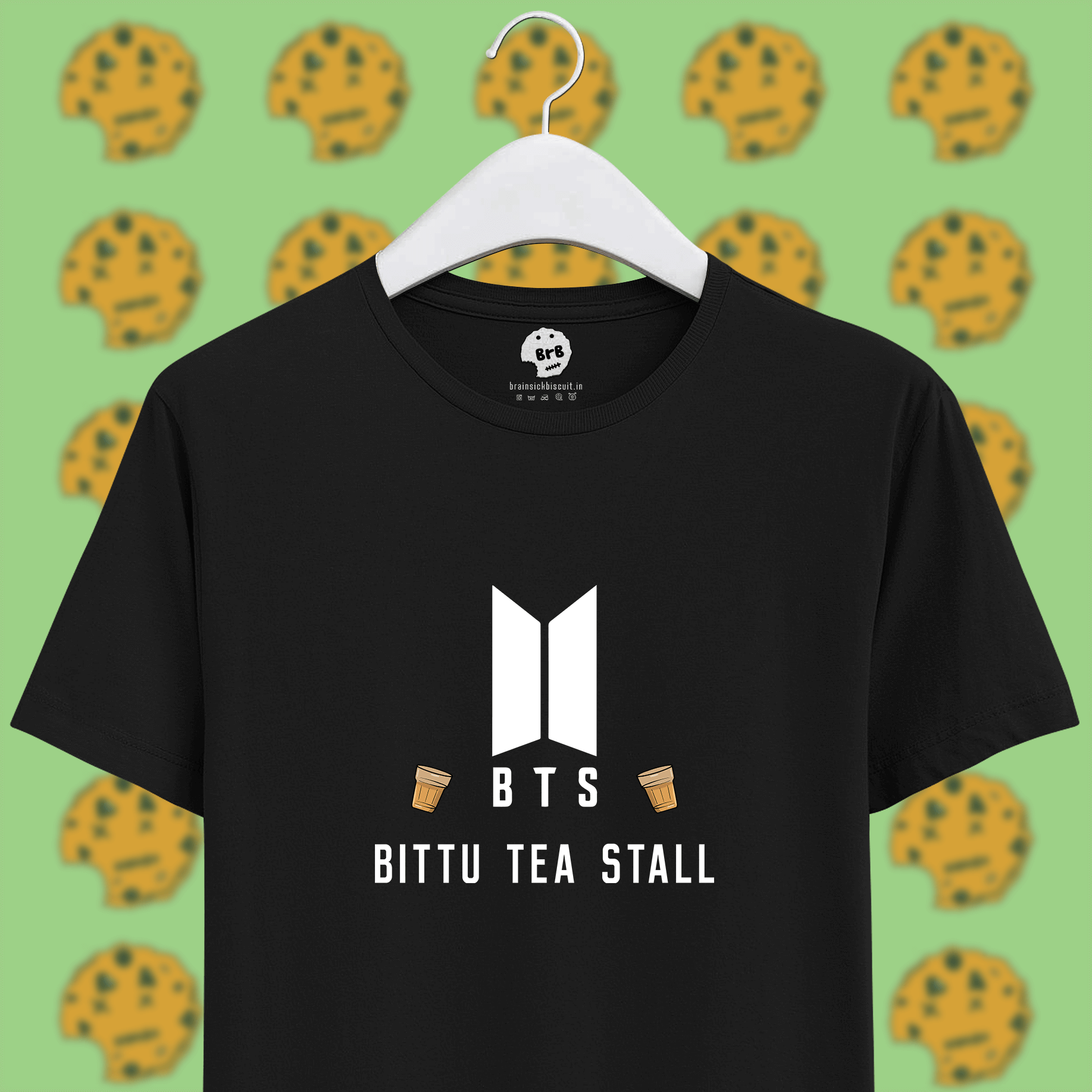 BTS logo with bittu tea stall joke on unisex black half sleeves cotton t-shirt.