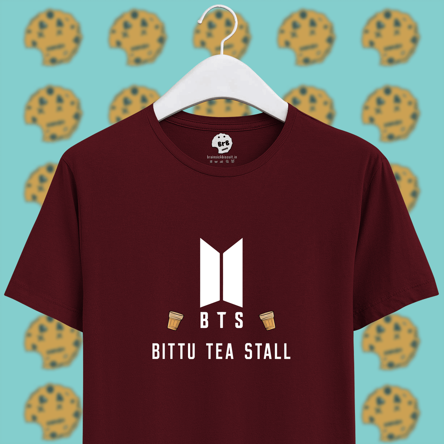BTS logo with bittu tea stall joke on unisex maroon half sleeves cotton t-shirt.