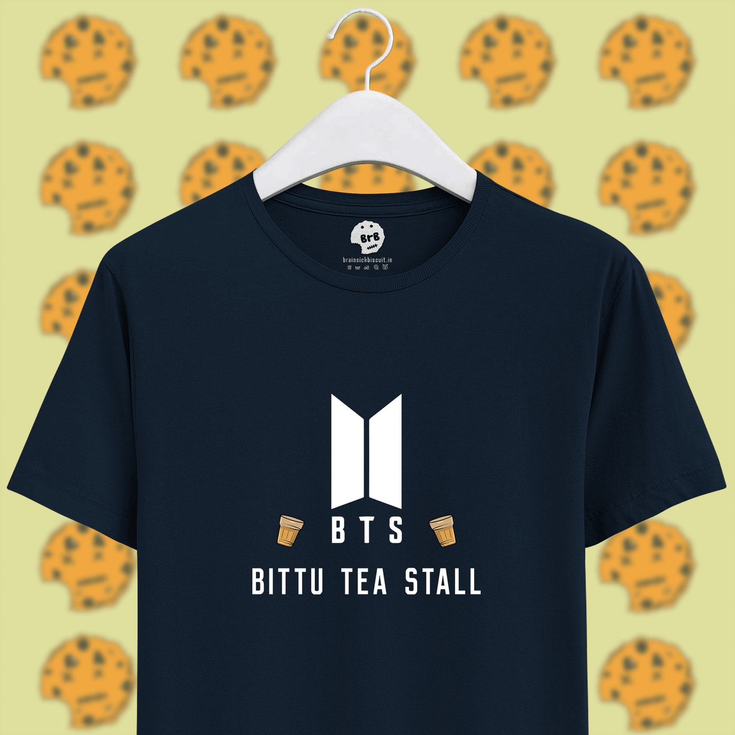 BTS logo with bittu tea stall joke on unisex navy blue half sleeves cotton t-shirt.