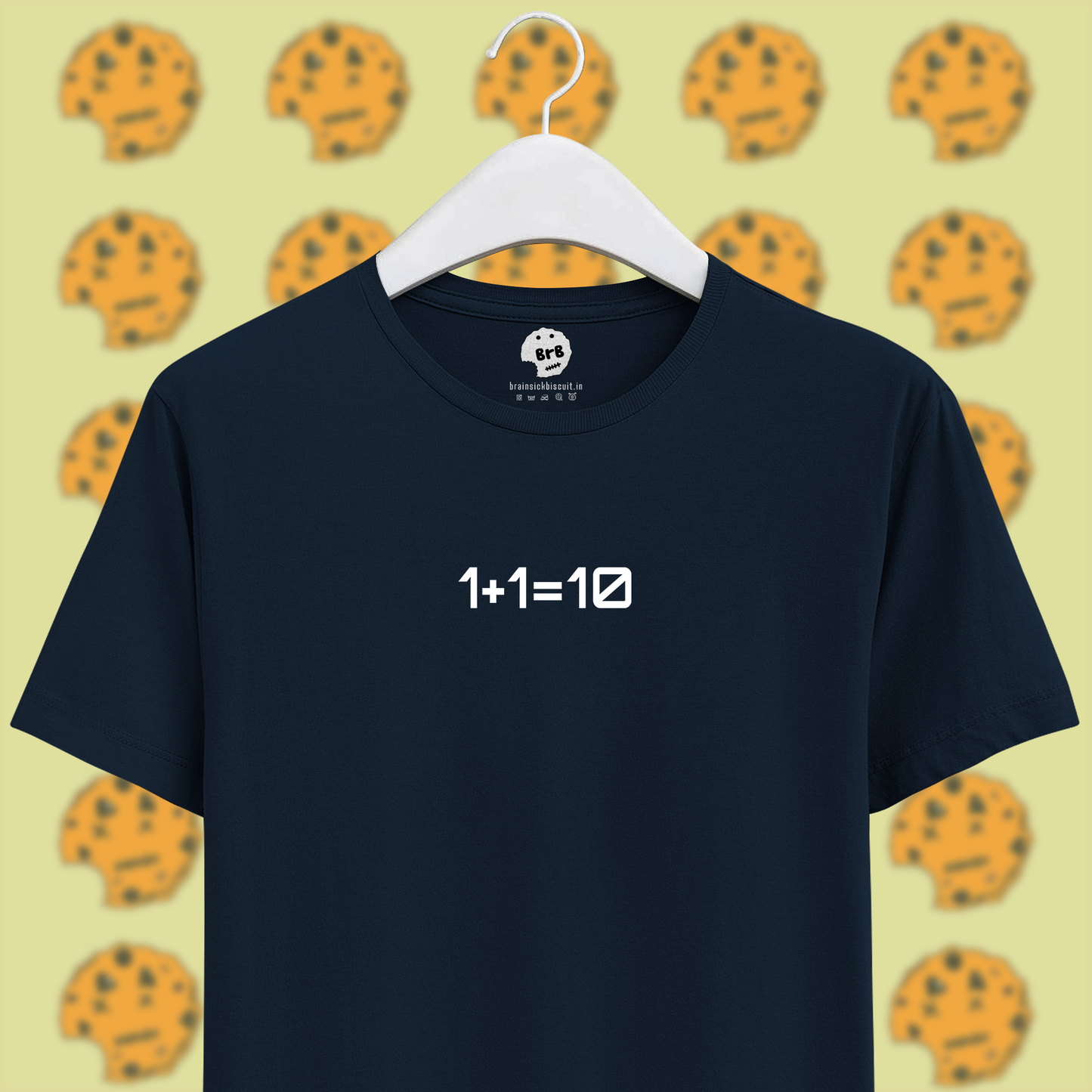 navy blue binary math unisex half sleeves t-shirt 1+1=10 text.