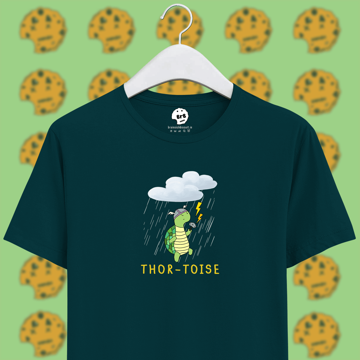 thortoise marvel joke pun on lightning blue colour unisex t-shirt with rain and lightning and clouds with animated tortoise holding thor's hammer.