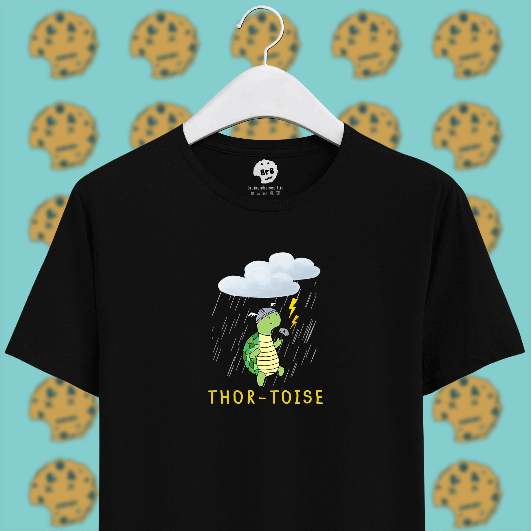 thortoise marvel joke pun on black colour unisex t-shirt with rain and lightning and clouds with animated tortoise holding thor's hammer.