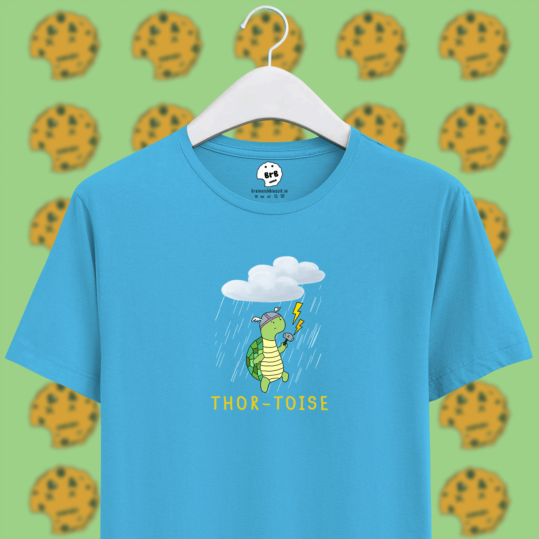 thortoise marvel joke pun on sky blue colour unisex t-shirt with rain and lightning and clouds with animated tortoise holding thor's hammer.