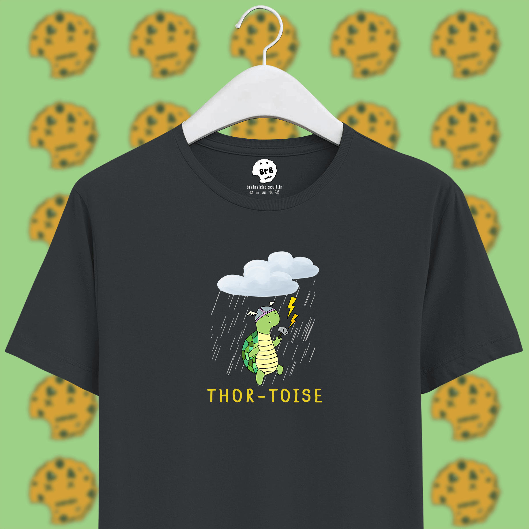 thortoise marvel joke pun on steel grey colour unisex t-shirt with rain and lightning and clouds with animated tortoise holding thor's hammer.
