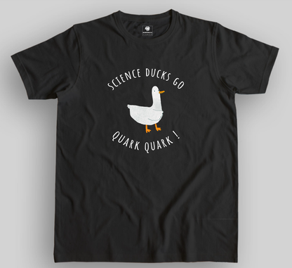 half sleeves black unisex t-shirt with funny science joke, pun of duck makes quark sound