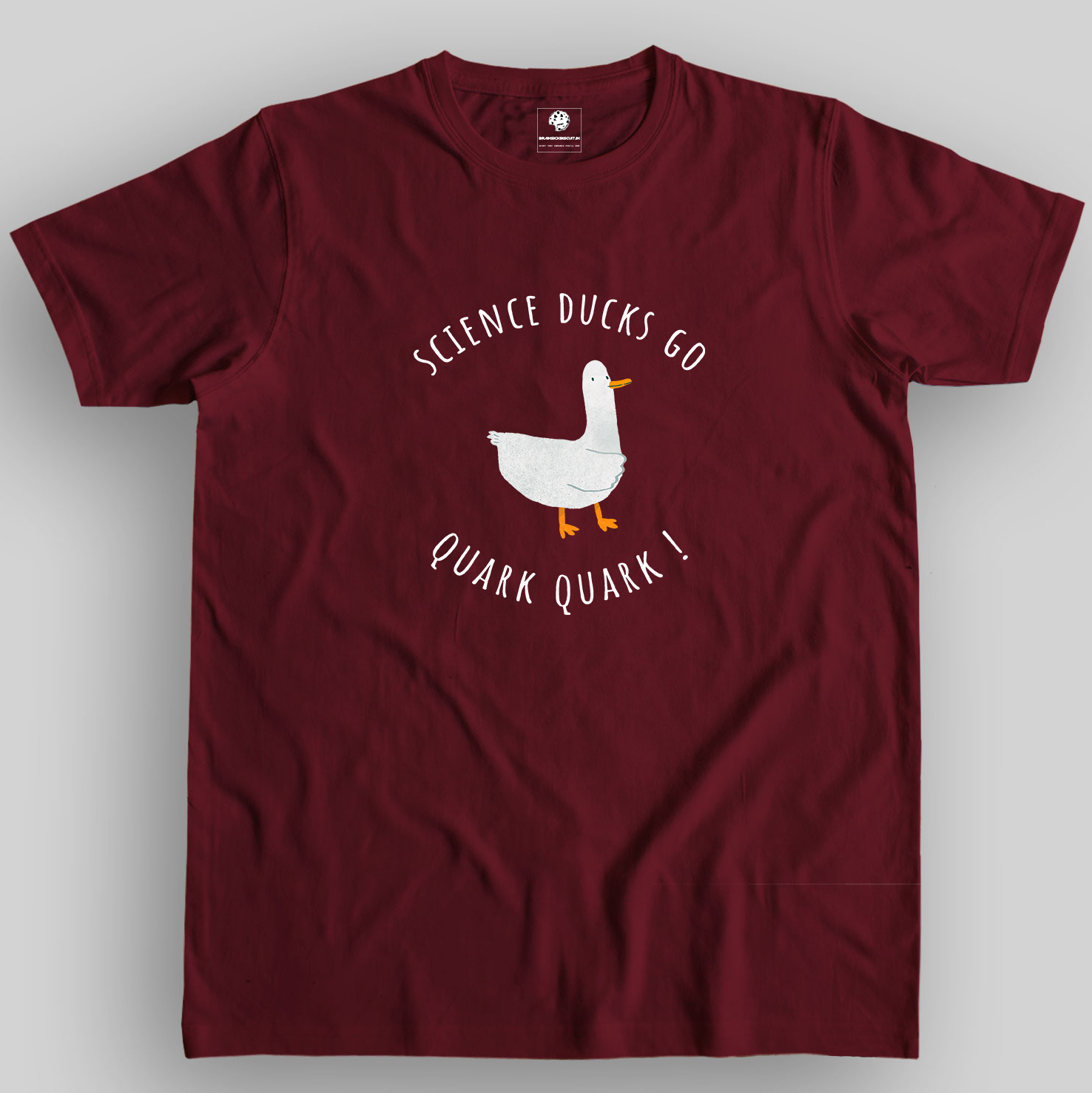 half sleeves maroon unisex t-shirt with funny science joke, pun of duck makes quark sound