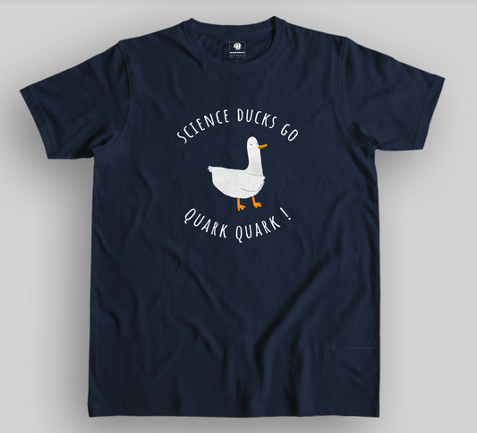 half sleeves navy blue unisex t-shirt with funny science joke, pun of duck makes quark sound