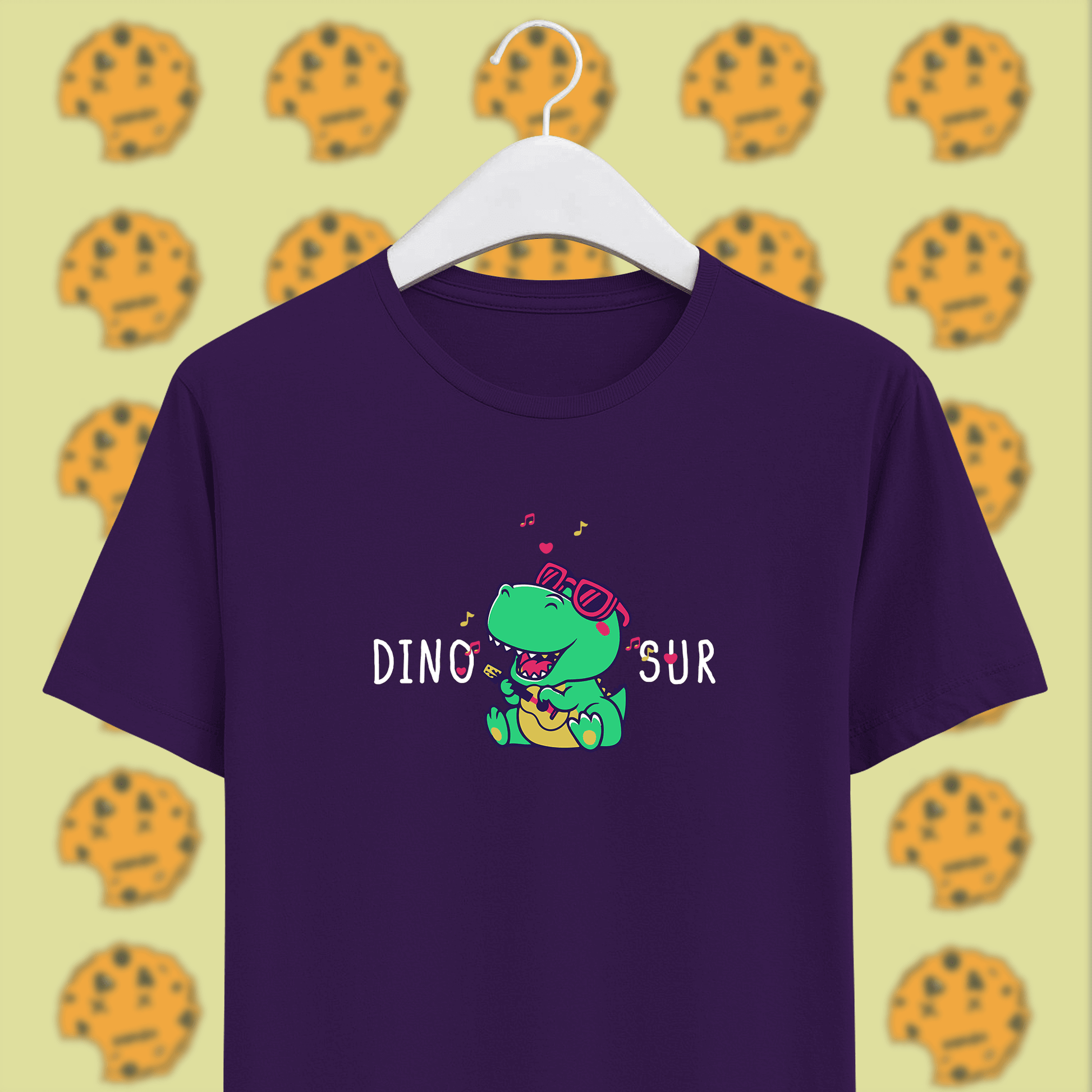 singing dinosaur on purple unisex cotton t-shirt, funny pun 