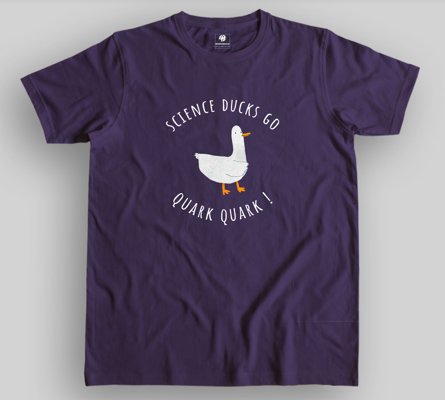 half sleeves purple unisex t-shirt with funny science joke, pun of duck makes quark sound