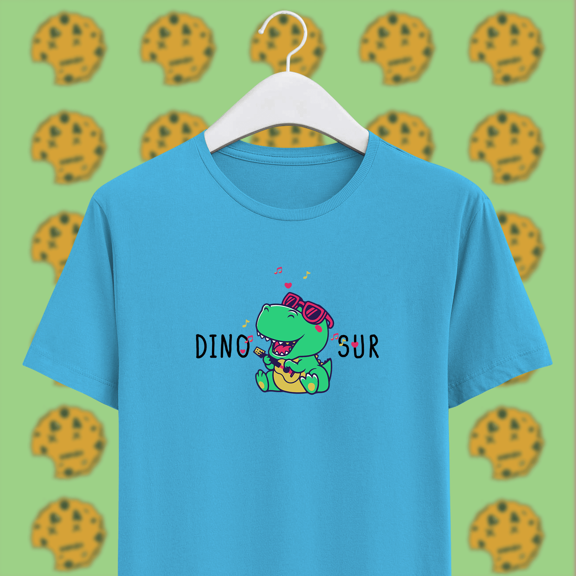singing dinosaur on sky blue unisex cotton t-shirt, funny pun 