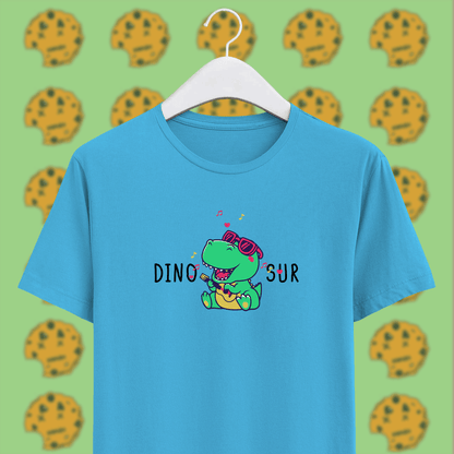 singing dinosaur on sky blue unisex cotton t-shirt, funny pun 