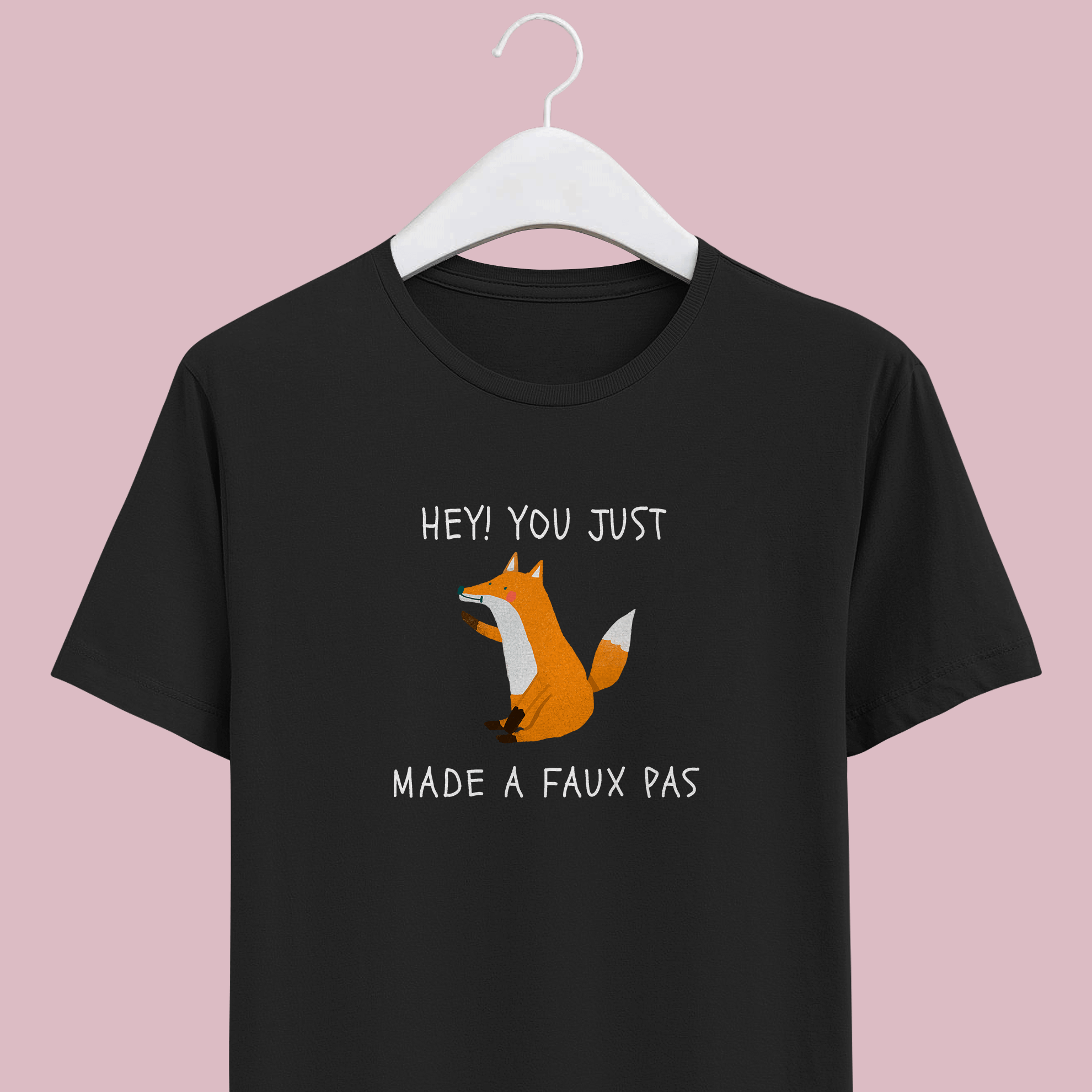 Joke on french word faux pas with orange sitting fox on black cotton unisex t-shirt.