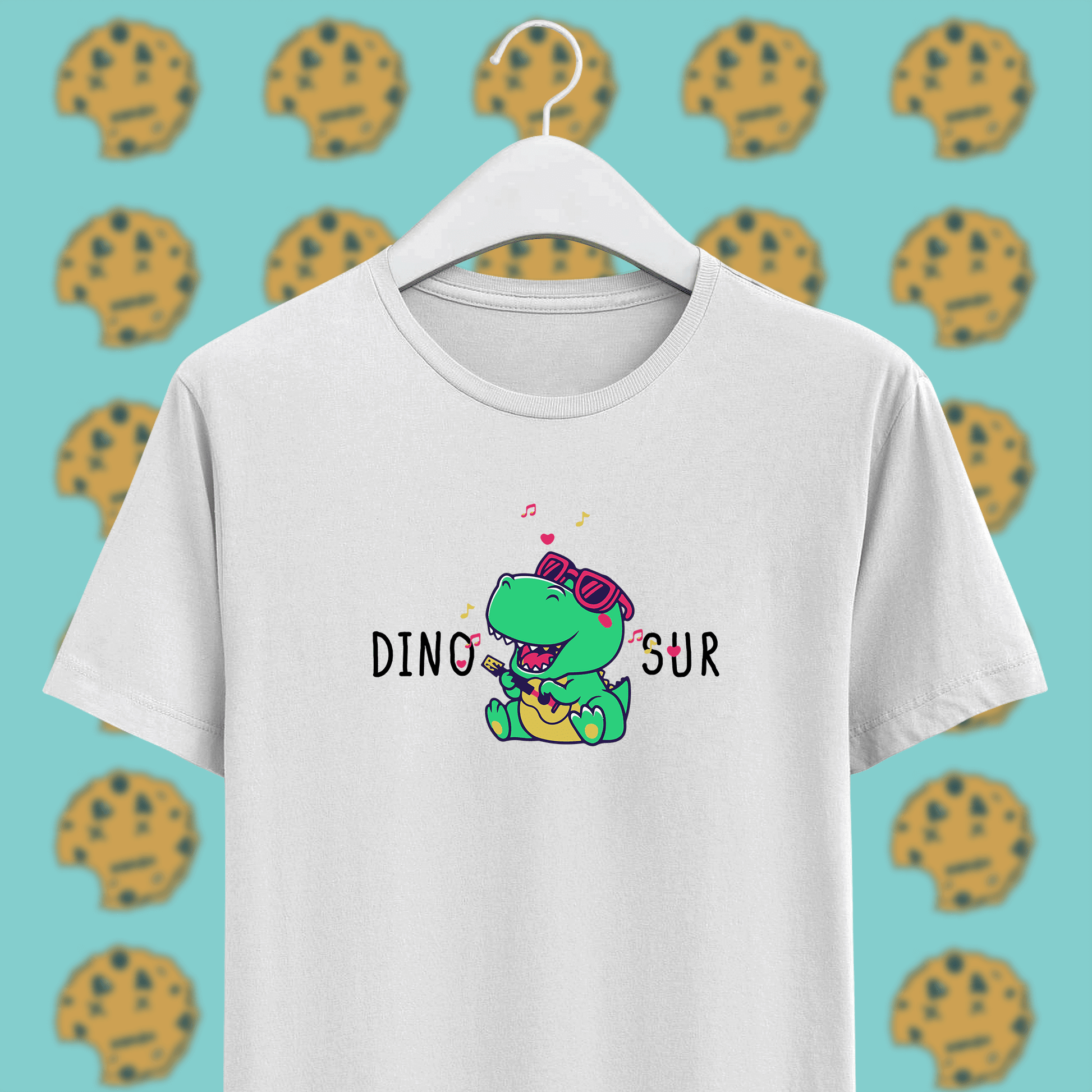 singing dinosaur on white unisex cotton t-shirt, funny pun 