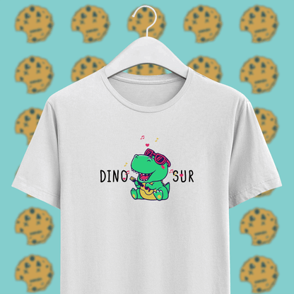 singing dinosaur on white unisex cotton t-shirt, funny pun 