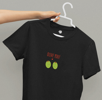 green olive couple with red heart on black t-shirt