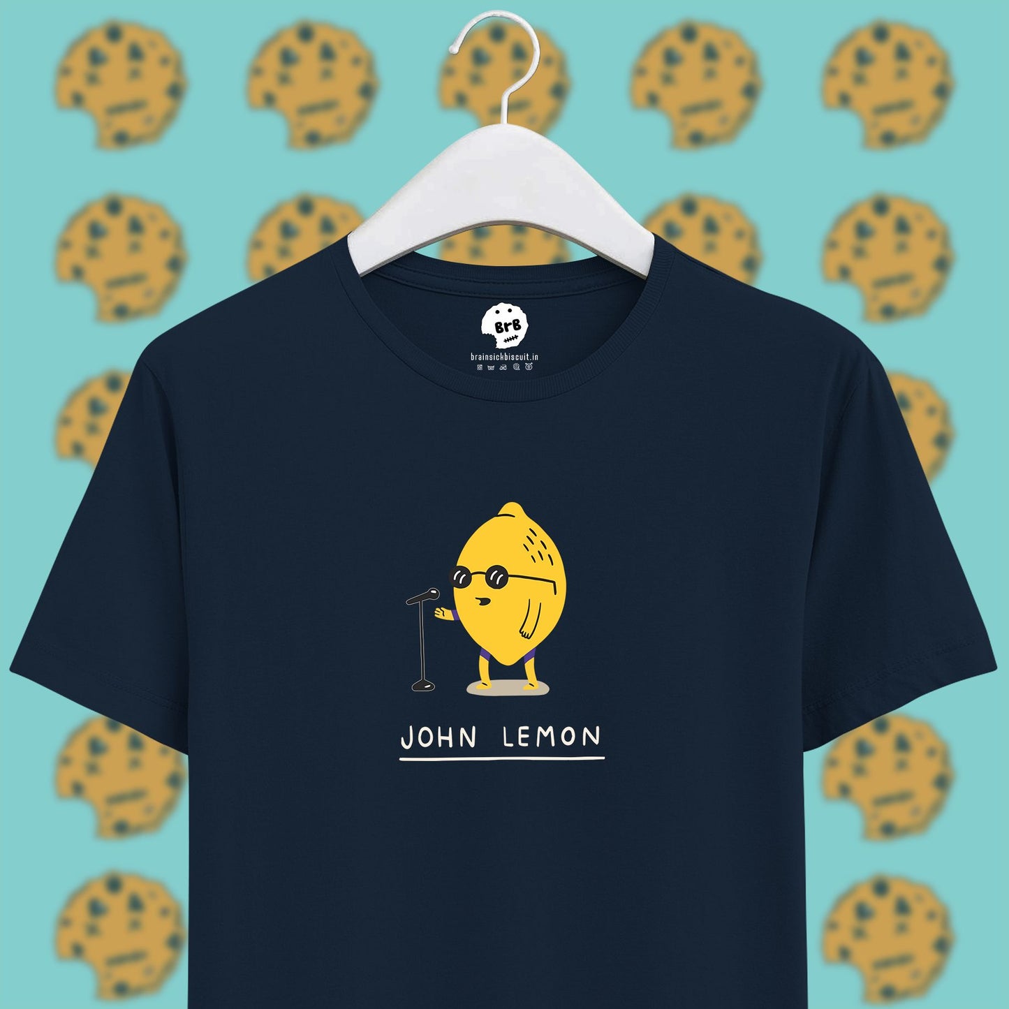 john lennon yellow lemon pun on navy blue half sleeves unisex t-shirt. 