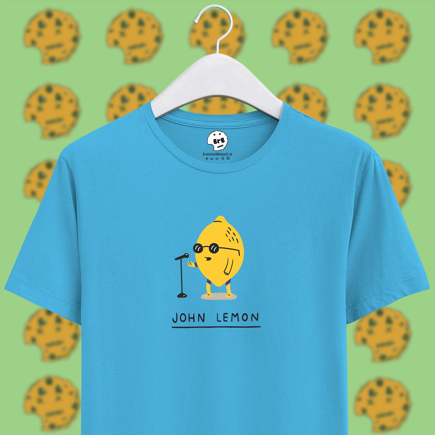 john lennon yellow lemon pun on sky blue half sleeves unisex t-shirt. 