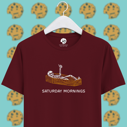 weekend saturday morning mood skeleton thumbs up on unisex half sleeve t-shirt brainsick biscuit