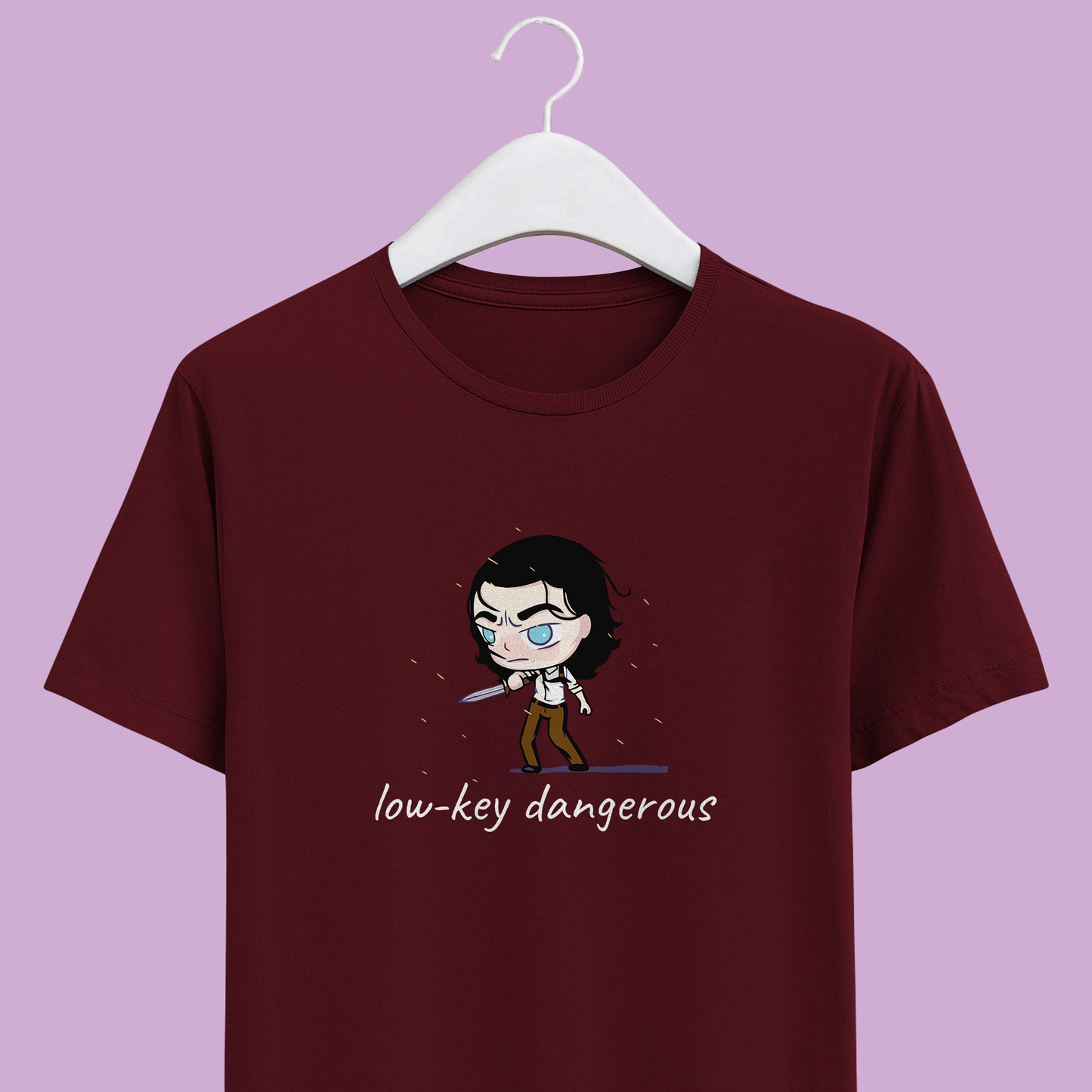 maroon unisex crew neck cotton t-shirt with animated loki with a dagger in hand with low-key dangerous text.