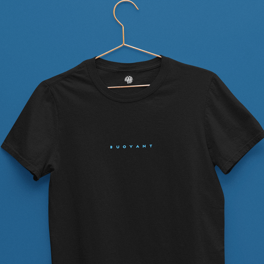 buoyant text in blue on black t-shirt.