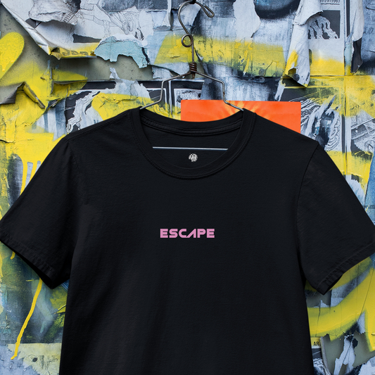 Escape written in pink on black t-shirt.