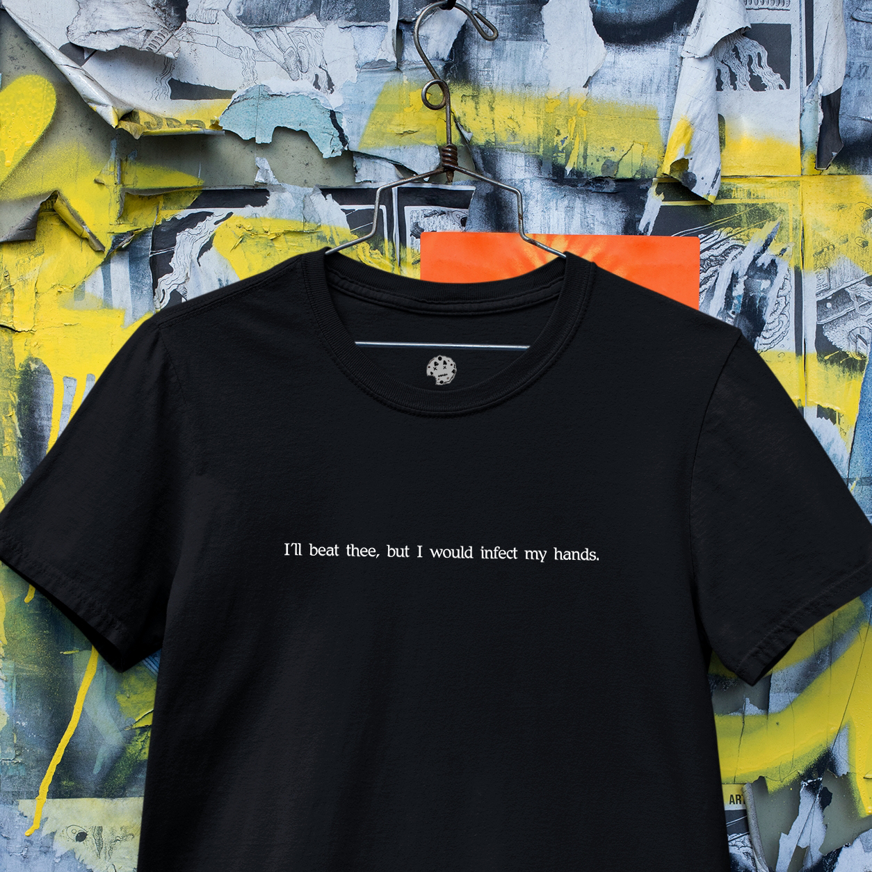 Shakespearean insult on black hanging t-shirt.