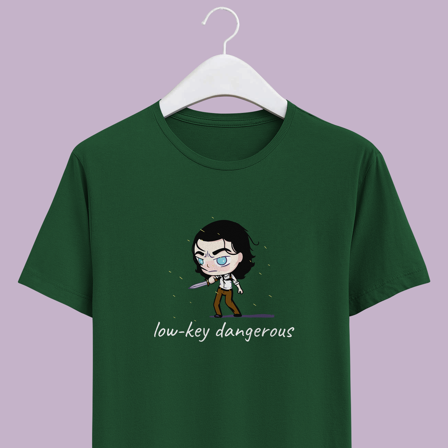 olive green unisex crew neck cotton t-shirt with animated loki with a dagger in hand with low-key dangerous text.