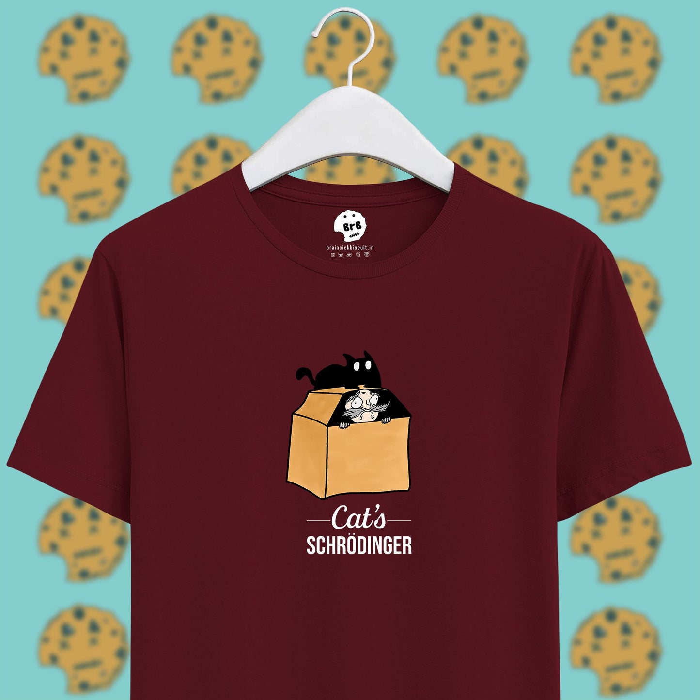 cat's schrodinger reverse thought experiment on maroon half sleeves unisex t-shirt