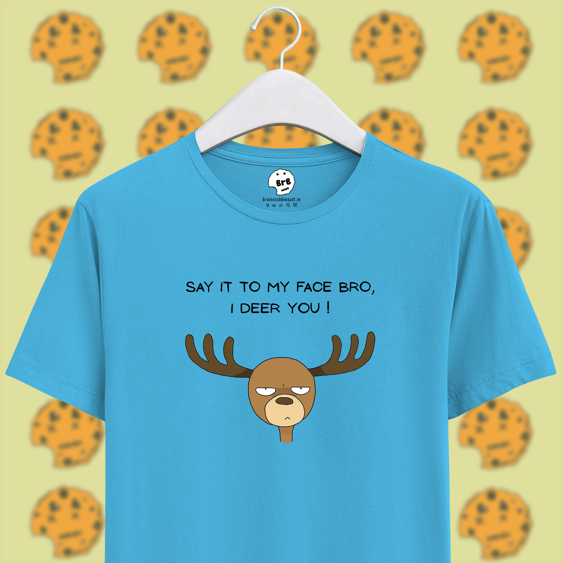 deer pun with say it to my face bro, i deer you text on unisex sky blue half sleeves t-shirt.