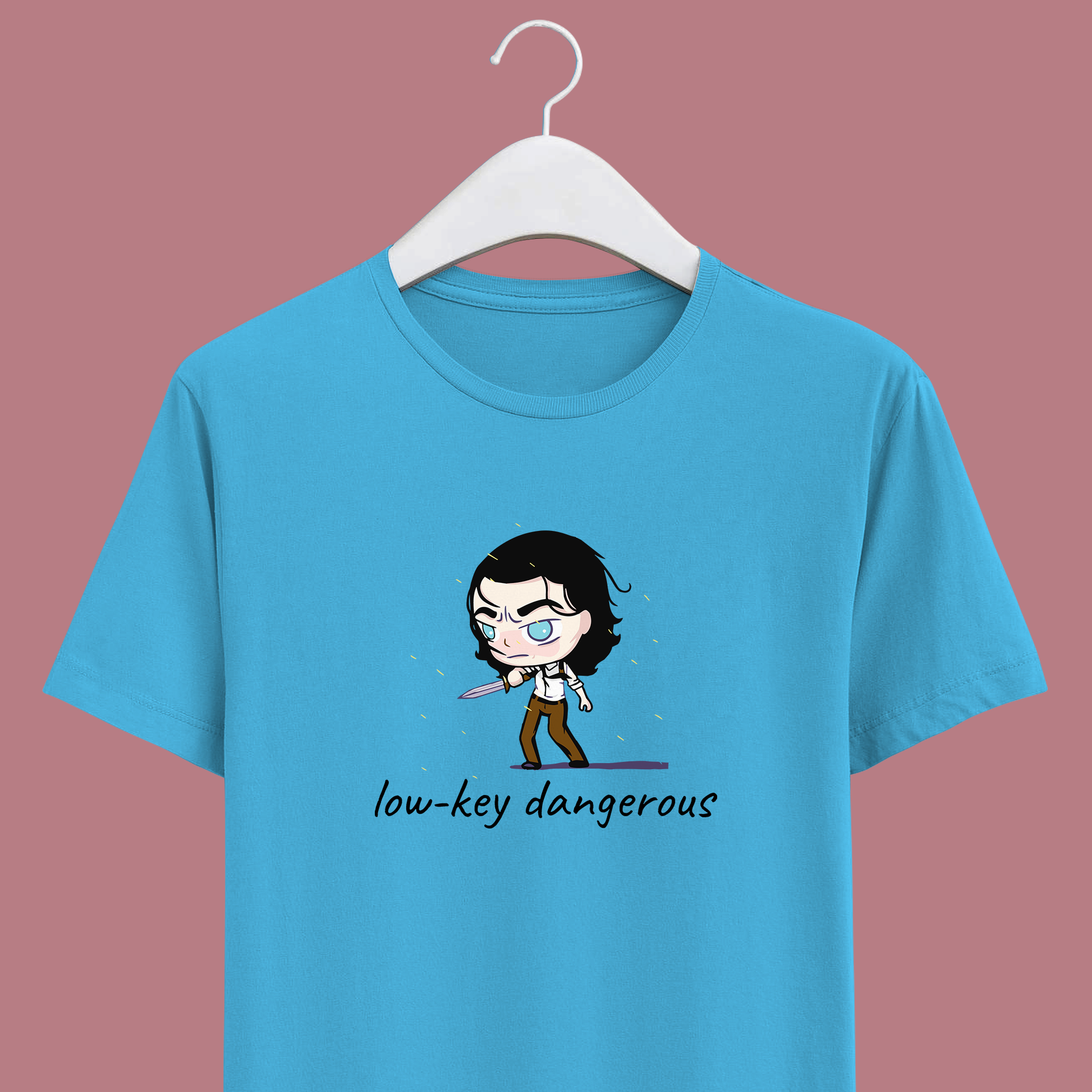 sky blue unisex crew neck cotton t-shirt with animated loki with a dagger in hand with low-key dangerous text.