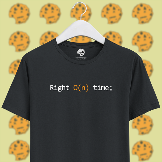 Right O(n) time computer science coding joke on steel grey t-shirt.