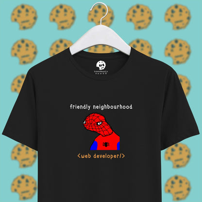 freindly neighbourhood spiderman, spoderman meme pun on unisex half sleeve t-shirt black