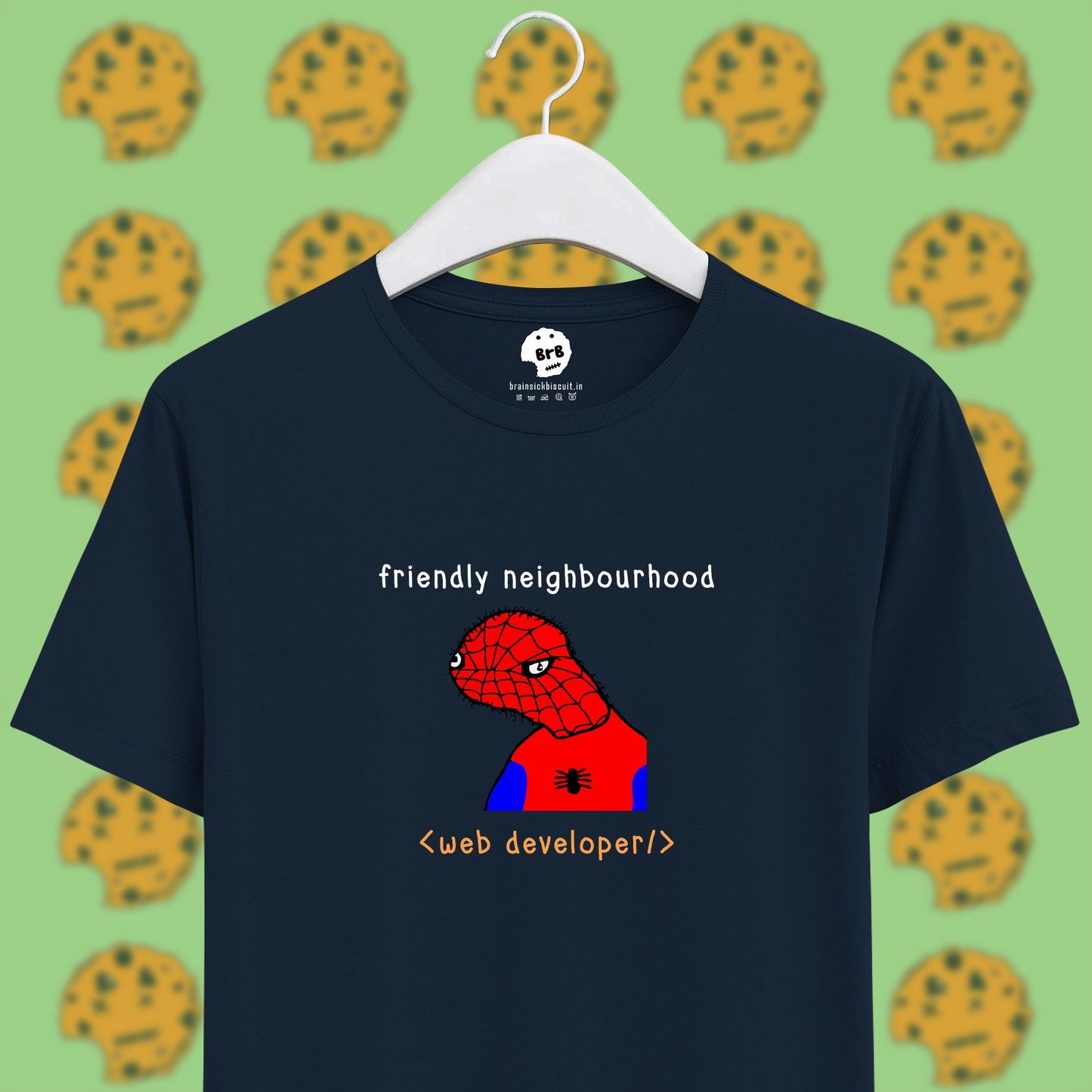 freindly neighbourhood spiderman, spoderman meme pun on unisex half sleeve t-shirt navy blue