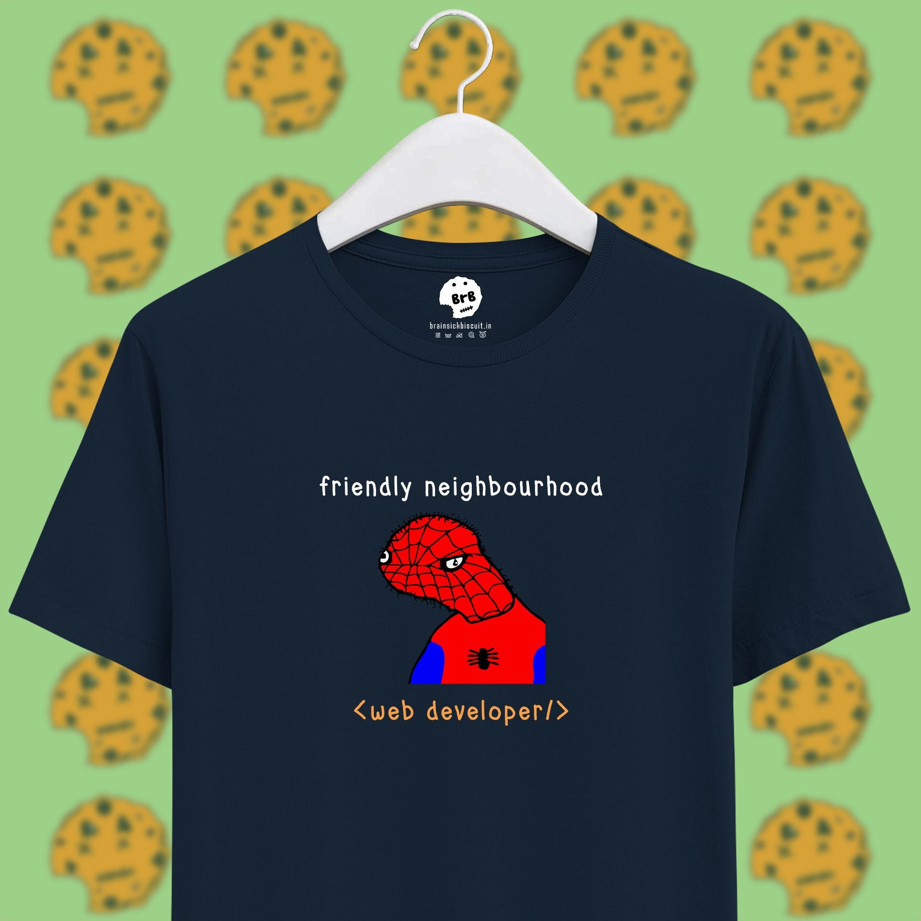 freindly neighbourhood spiderman, spoderman meme pun on unisex half sleeve t-shirt navy blue