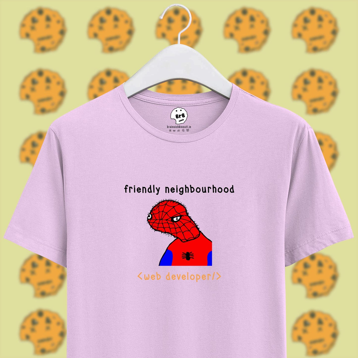 freindly neighbourhood spiderman, spoderman meme pun on unisex half sleeve t-shirt baby pink