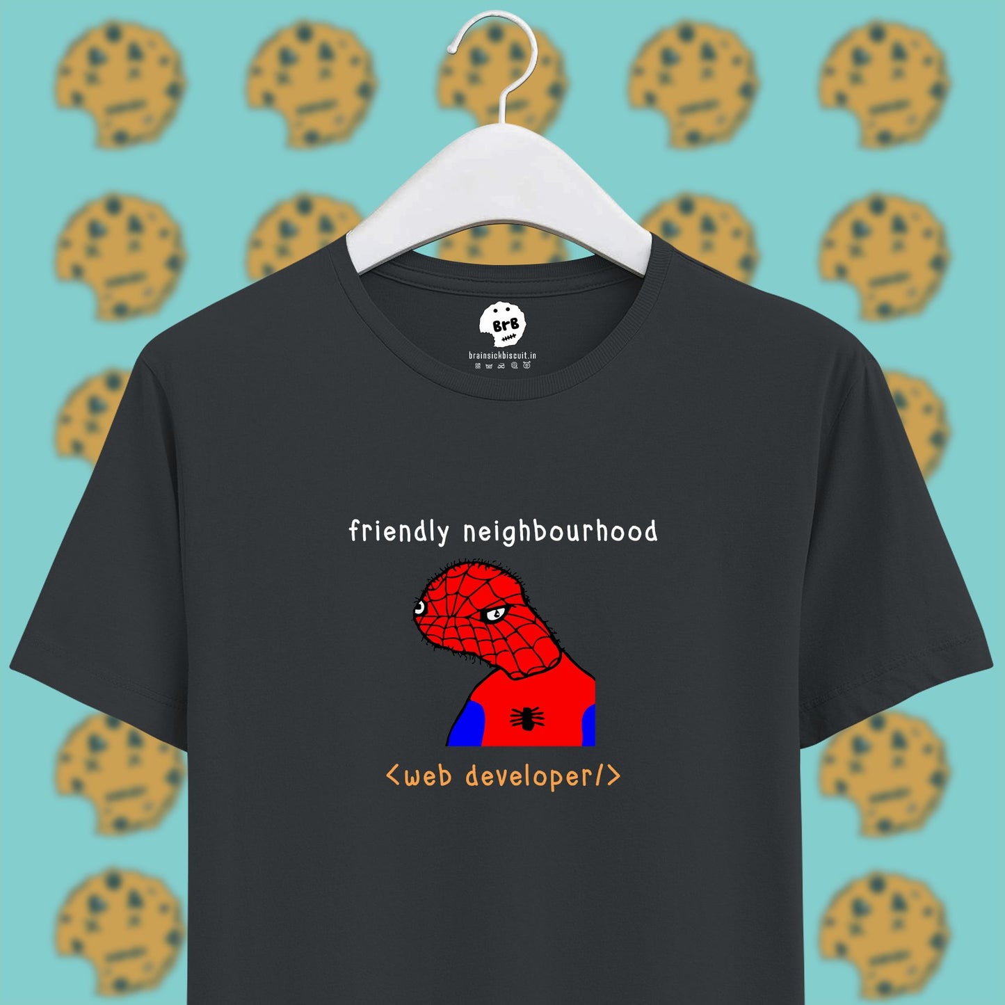 freindly neighbourhood spiderman, spoderman meme pun on unisex half sleeve t-shirt steel grey