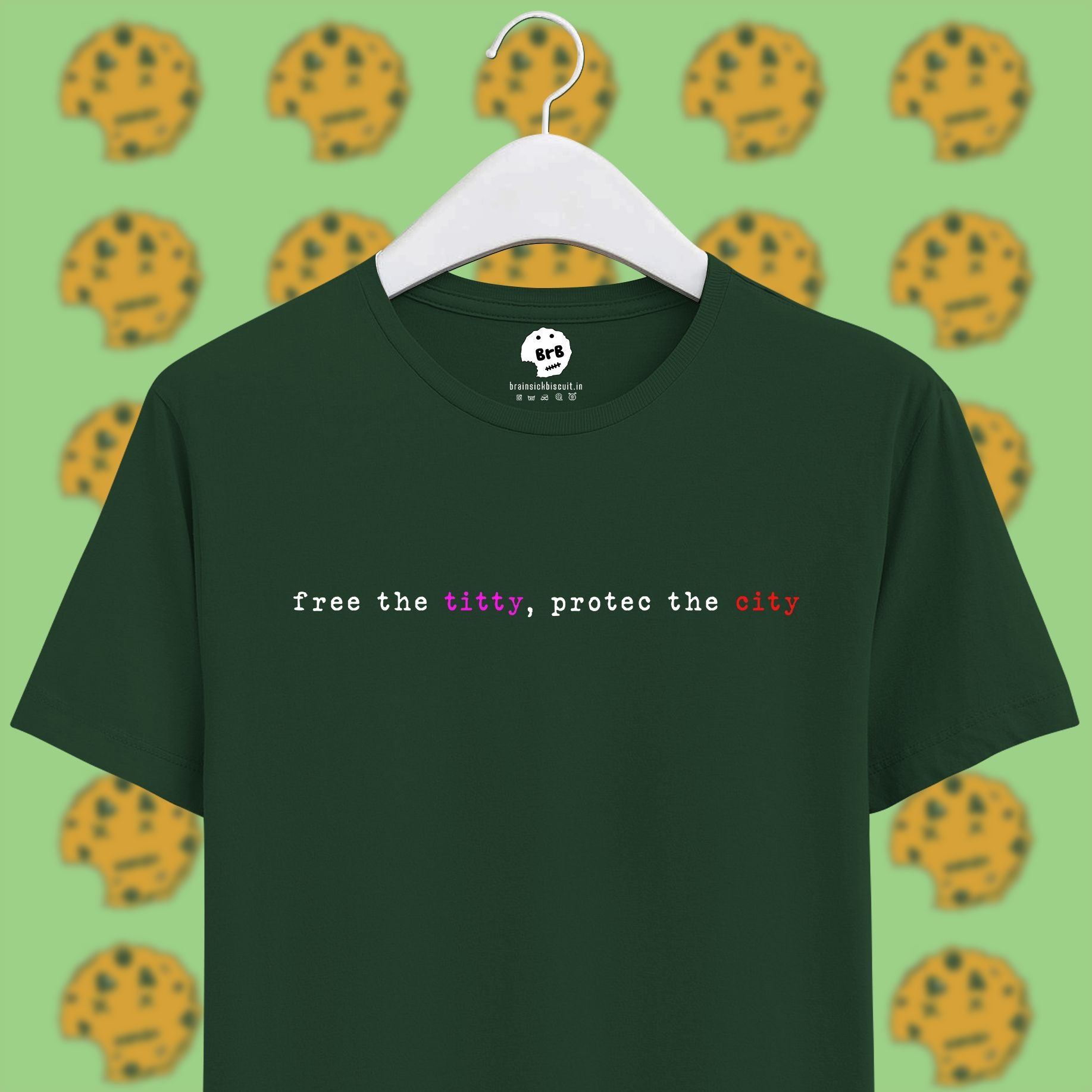 green unisex half sleeves t-shirt with quote free the titty, protec the city