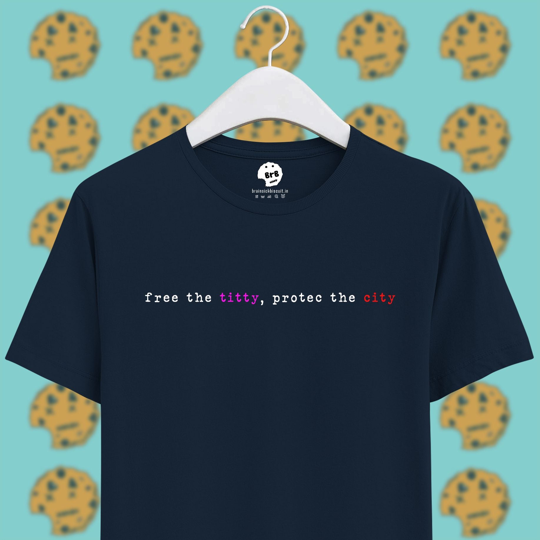 navy blue unisex half sleeves t-shirt with quote free the titty, protec the city