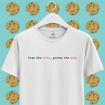 white unisex half sleeves t-shirt with quote free the titty, protec the city