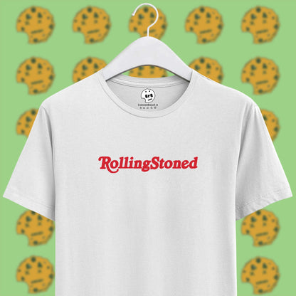 rolling stone magazine logo stoned pun on unisex white half sleeve t-shirt