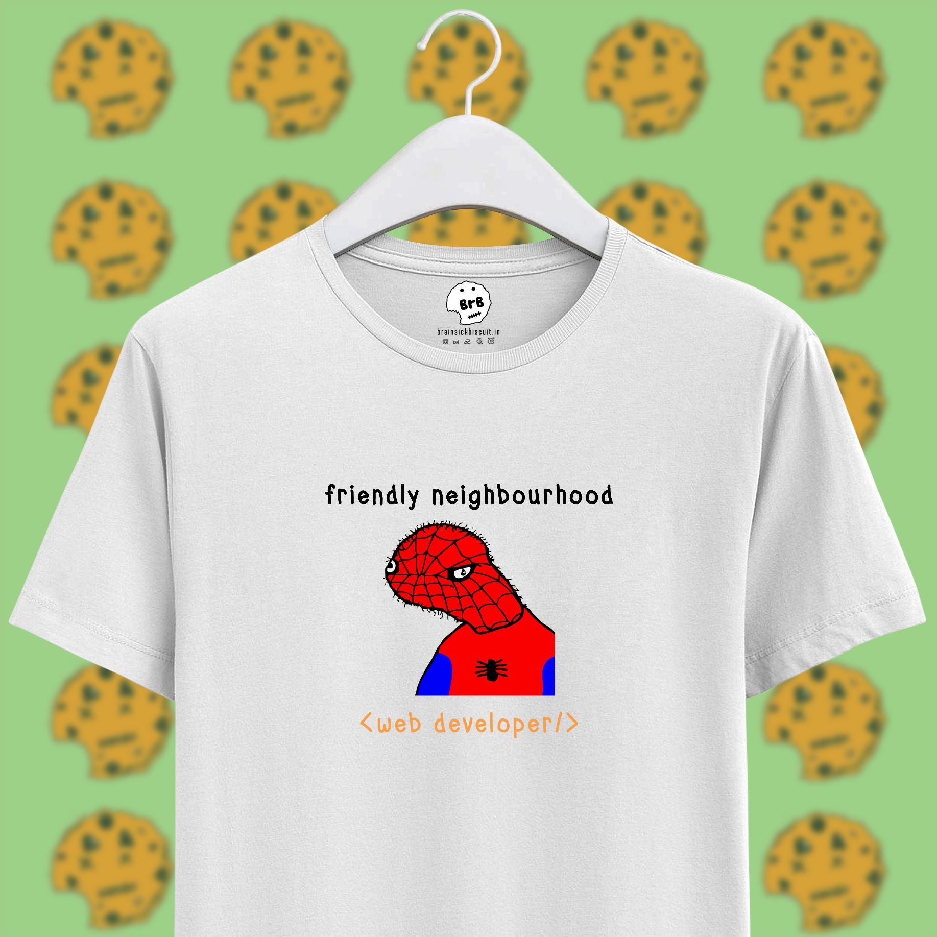 freindly neighbourhood spiderman, spoderman meme pun on unisex half sleeve t-shirt navy white